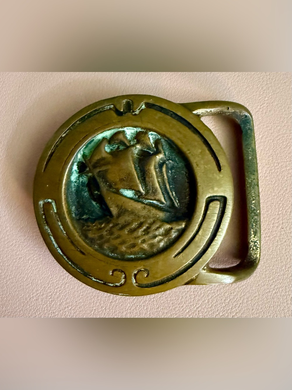 Antique Solid Brass Belt Buckle with Sailing Ship Motif - Green Patina
